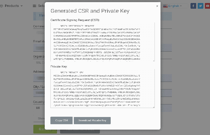 Una CSR y una clave privada generada desde SSL.com.