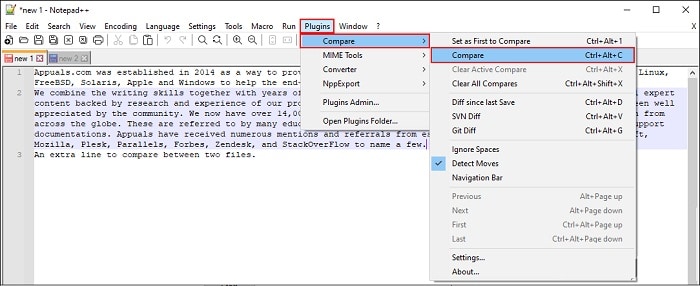 comparar dos archivos en Notepad ++