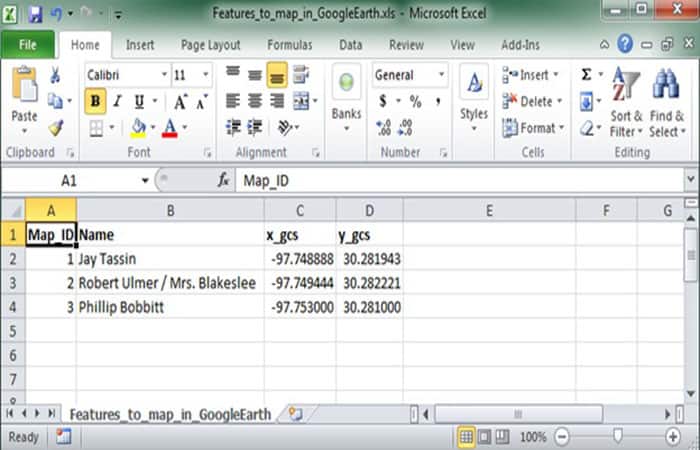 Tabla de Excel con valores Lat / Long