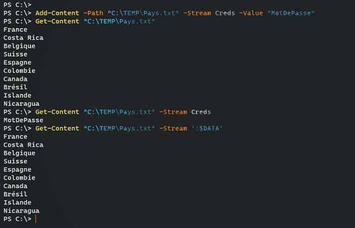 Add-Content -Path "C: \ TEMP \ Pays txt" -Stream Creds -Value "Password"