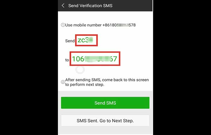 Envíar el código SMS al oficial de WeChat
