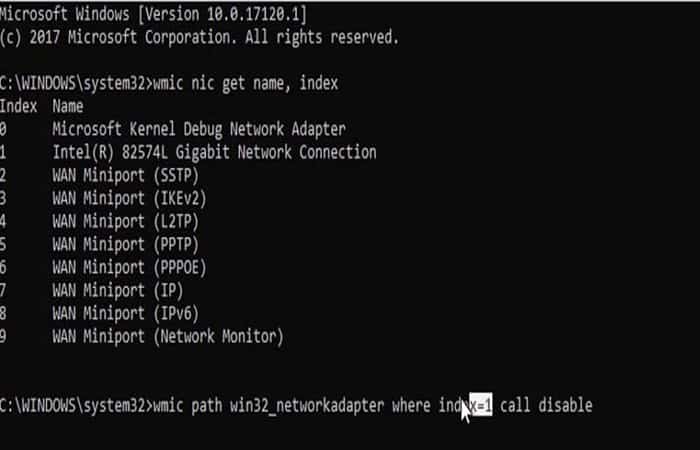 wmic path win32_networkadapter where index = 1 call disable