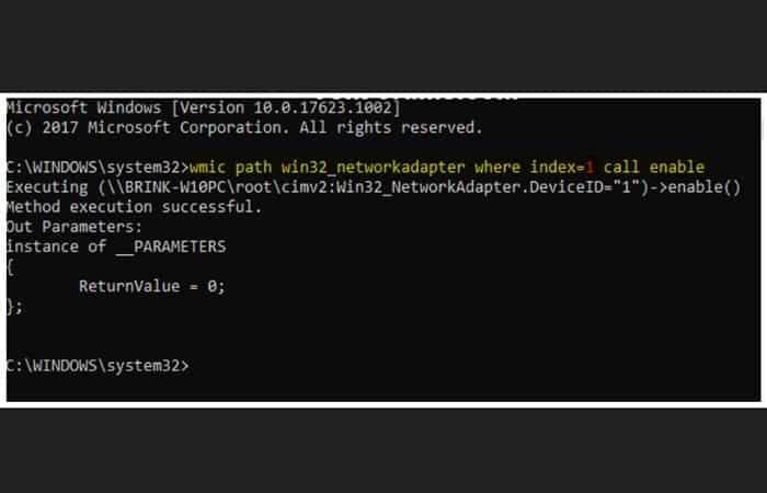 wmic path win32_networkadapter command where index = 1 call enable