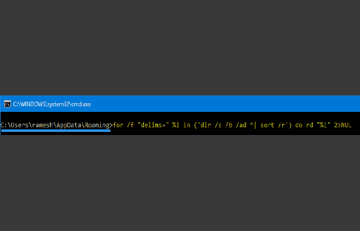 for /f "delims=" %i in ('dir /s /b /ad ^| sort /r') do rd "%i" 2>NUL (o)  for /f "usebackq delims=" %i in (`"dir /s /b /ad | ordenar /r"`) hacer rd "%i" 2>NUL