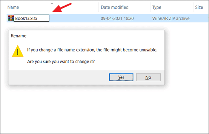 cambiar la extensión del archivo de 'zip' a 'xlsx'