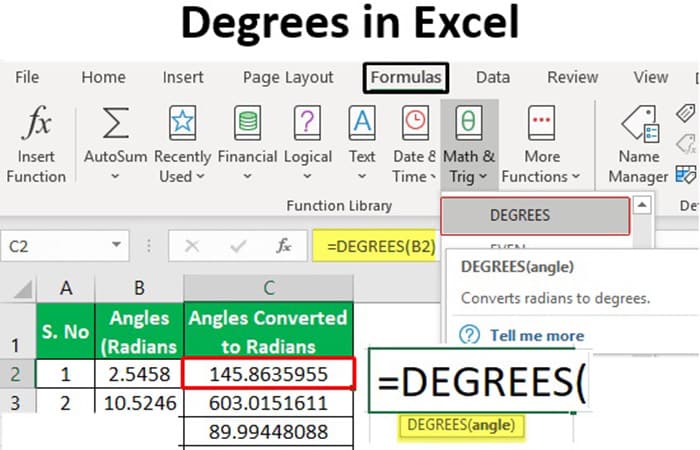 Función grados en Excel