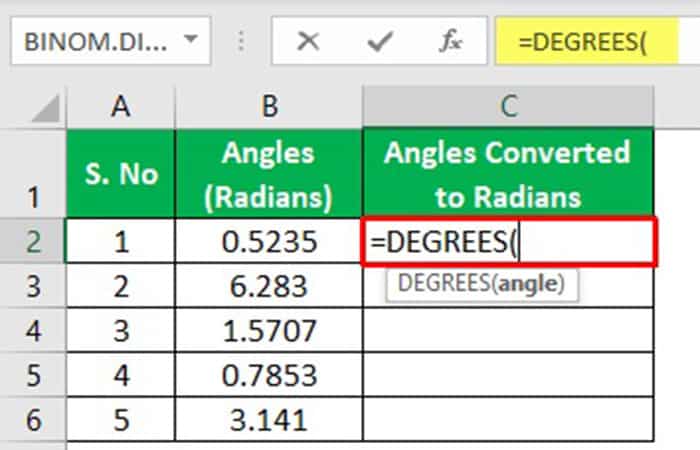 Función grados en Excel 