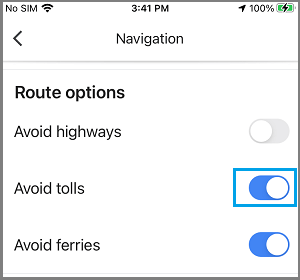 Avoid Tolls Option in Google Map Settings