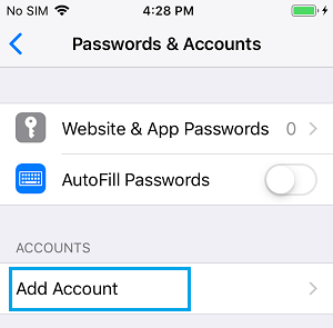 Add Account Option on iPhone Passwords & Accounts Screen