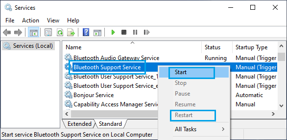 Start Bluetooth Support Service