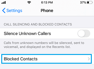 Blocked Contacts Settings Option on iPhone