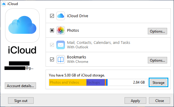 Manage iCloud Storage Option on Windows PC