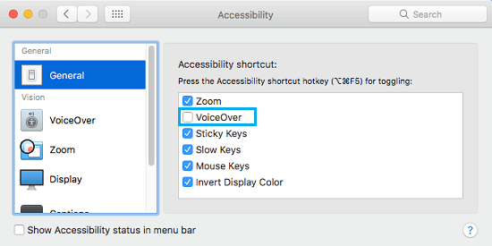 Disable VoiceOver Shortcut Option On Mac