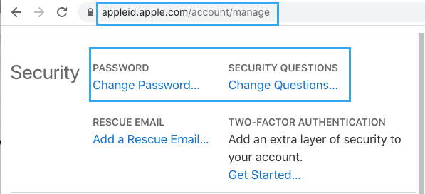 Change Password Option on Apple ID Web Page