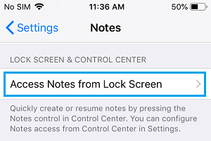 Access Notes from Lock Screen option on iPhone