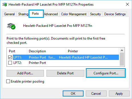 Ports Tab of Printer Properties Screen in Windows 10