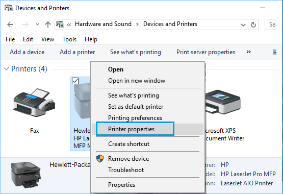 Printer Properties Option in Windows 10 Devices and Printers Screen