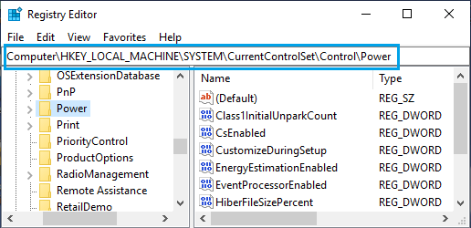 Navigate to Power Entry on Registry Editor Screen