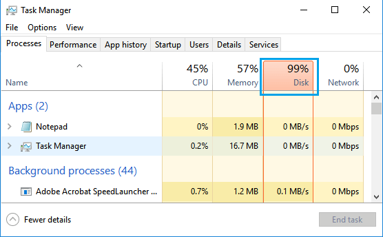 High Disk Usage in Windows Task Manager Screen