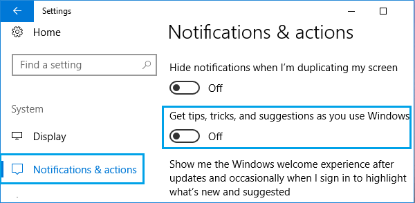 Disable Get tips, tricks and suggestions as you use Windows Option 