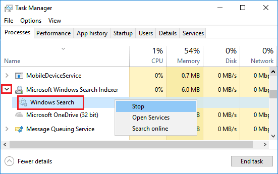 Stop Windows Search Service in Task Manager