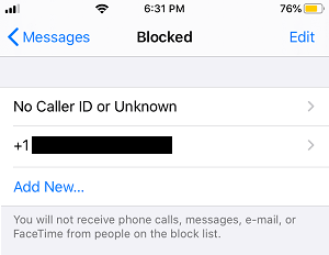 List of Blocked Numbers on iPhone Messages App