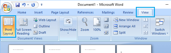 Print Layout Option in Microsoft Word