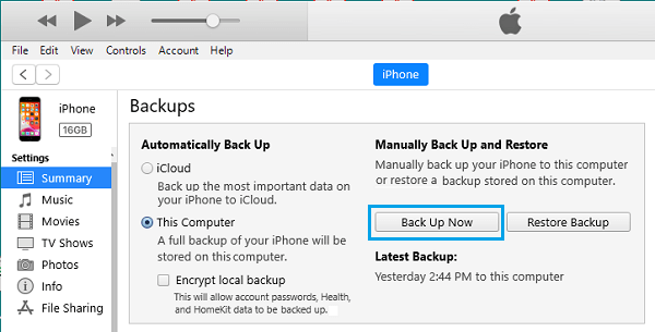 Backup iPhone to Computer Using iTunes