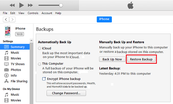 Restore iPhone Backup option in iTunes 