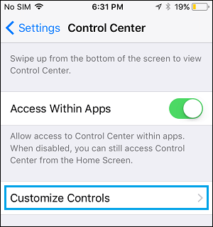 Customize Controls Tab on iPhone