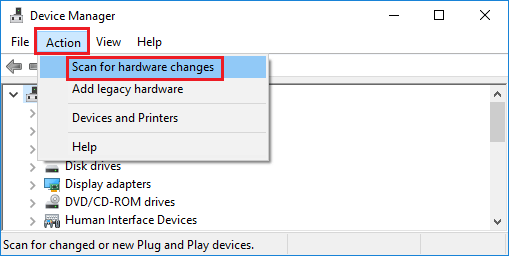 Scan for Hardware Changes Option in Windows 10 Device Manager Screen