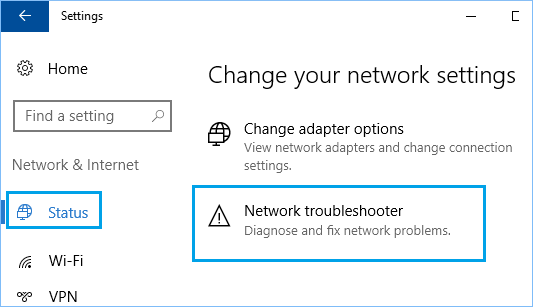 Network Troubleshooter Option in Windows 10 Settings Screen