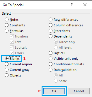 Go to Special Options in Excel