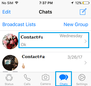 Contactos en la pantalla de Chats de WhatsApp en el iPhone