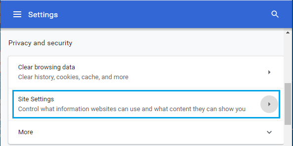 Site Settings Option in Chrome 