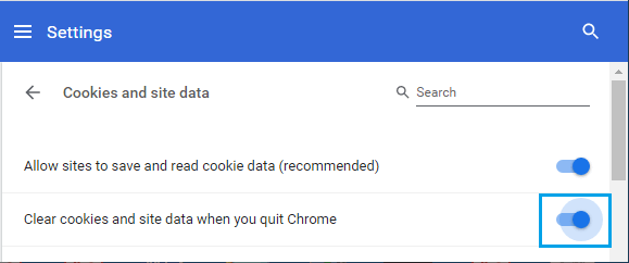 Clear cookies and site data when you quit Chrome