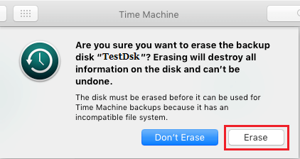 Erase Disk Prompt During Time Machine Setup on Mac