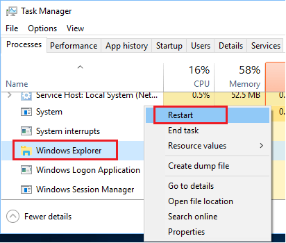 Restart Windows Explorer Using Task Manager In Windows 10
