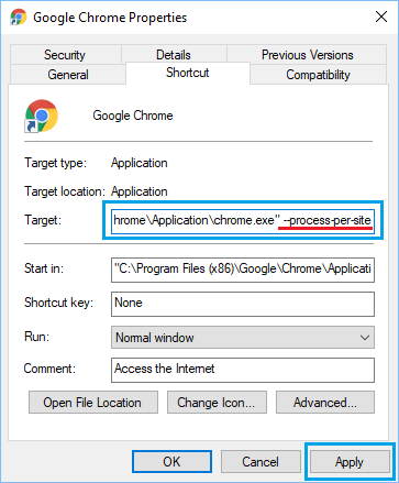 Set Chrome Browser To Open Single Process For Multiple Tabs