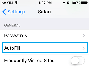 AutoFill Option On Safari Browser Settings Screen On iPhone