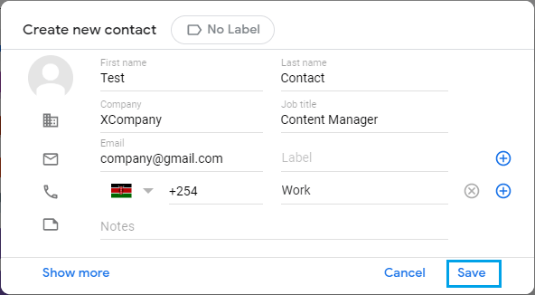 Enter New Gmail Contact Details