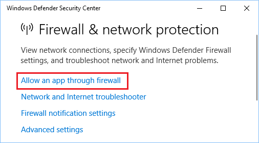 Allow an app through Firewall link in Windows Defender