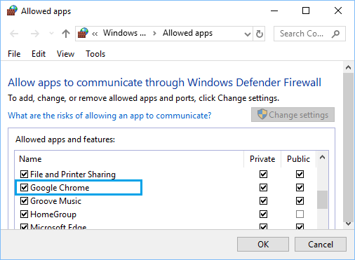 Allow Chrome Browser Through Windows Defender Firewall