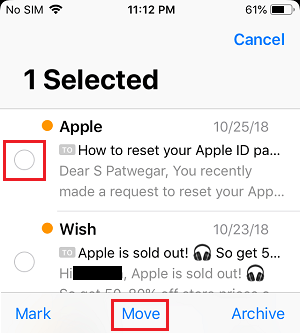 Tap & Hold on Move Option in iPhone Mail App