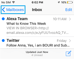Mail App Mailboxes option on iPhone