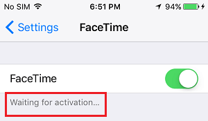Waiting For Activation Error Message on FaceTime Settings Screen on iPhone