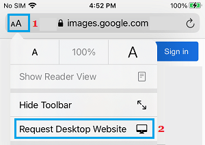 Request Desktop Version Option on iPhone Safari Browser