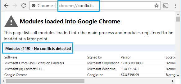 Run Chrome://conflicts