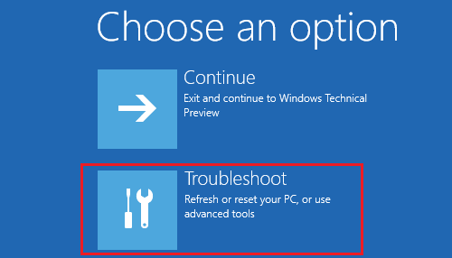 Opción de solución de problemas de la pantalla de inicio de Windows