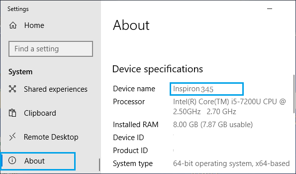 Windows Computer Name on System Settings Screen